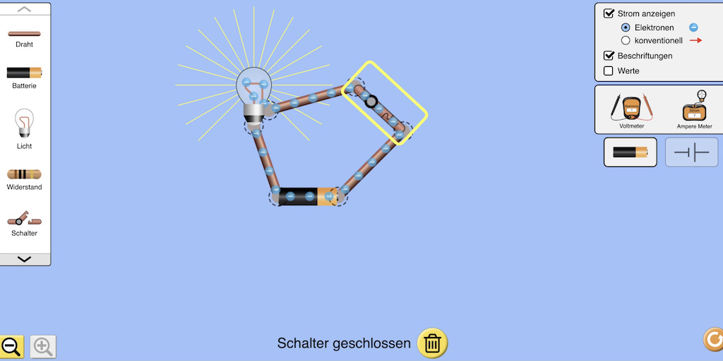 Screenshot eines Stromkreises in einer Phet-Simulation